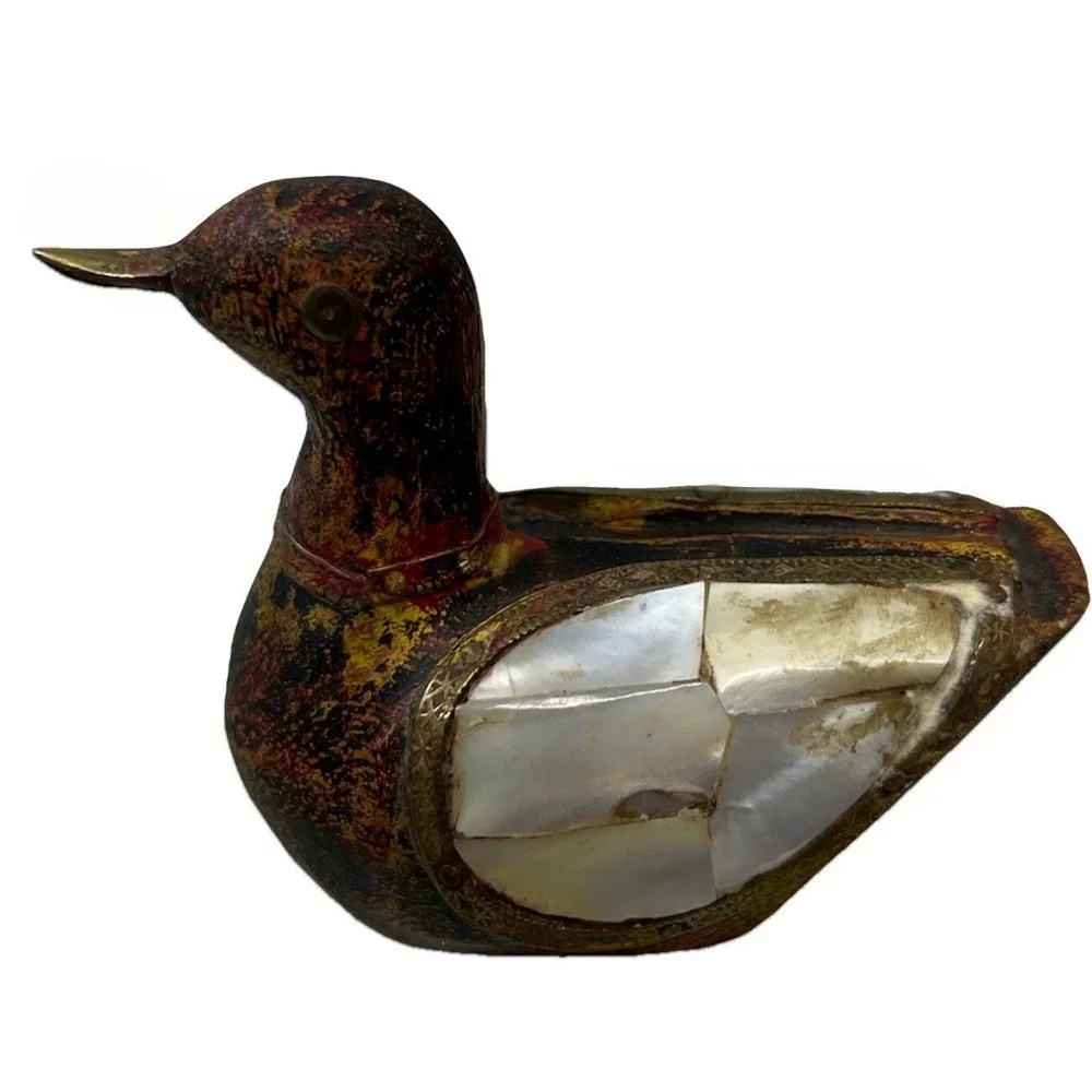 Vtg Set 2 Wood Handcarved Duck w/Brass & Pearl Decorative Inlays Charles Marcak